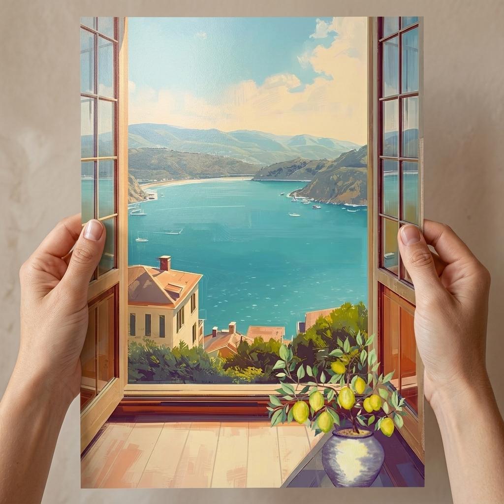 Illustration of hands opening a window to reveal a scenic view of a coastal town.