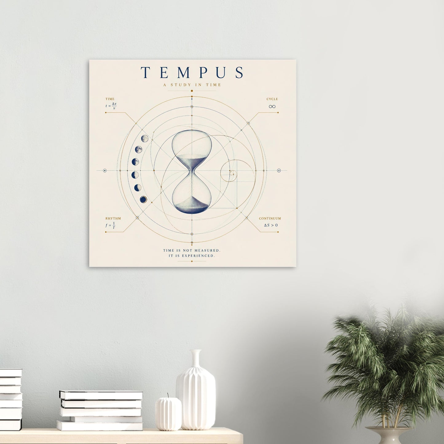 Modern hourglass wall art displayed above a sideboard in a bright minimalist living room.