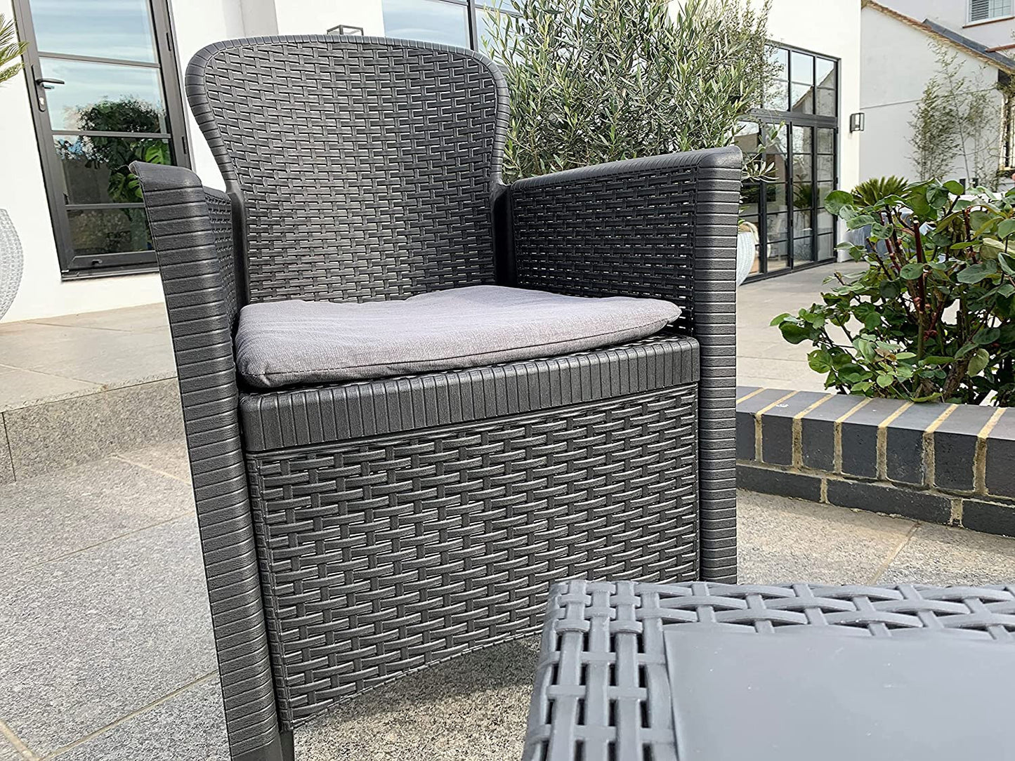 3Pc Bistro Garden Furniture Set Table Chairs Cushions Rattan Effect Dark Grey
