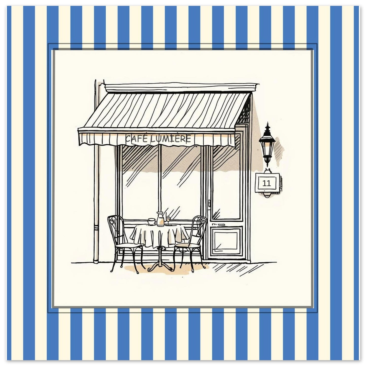 Close-up of Café Lumière Paris blue square art print with striped border