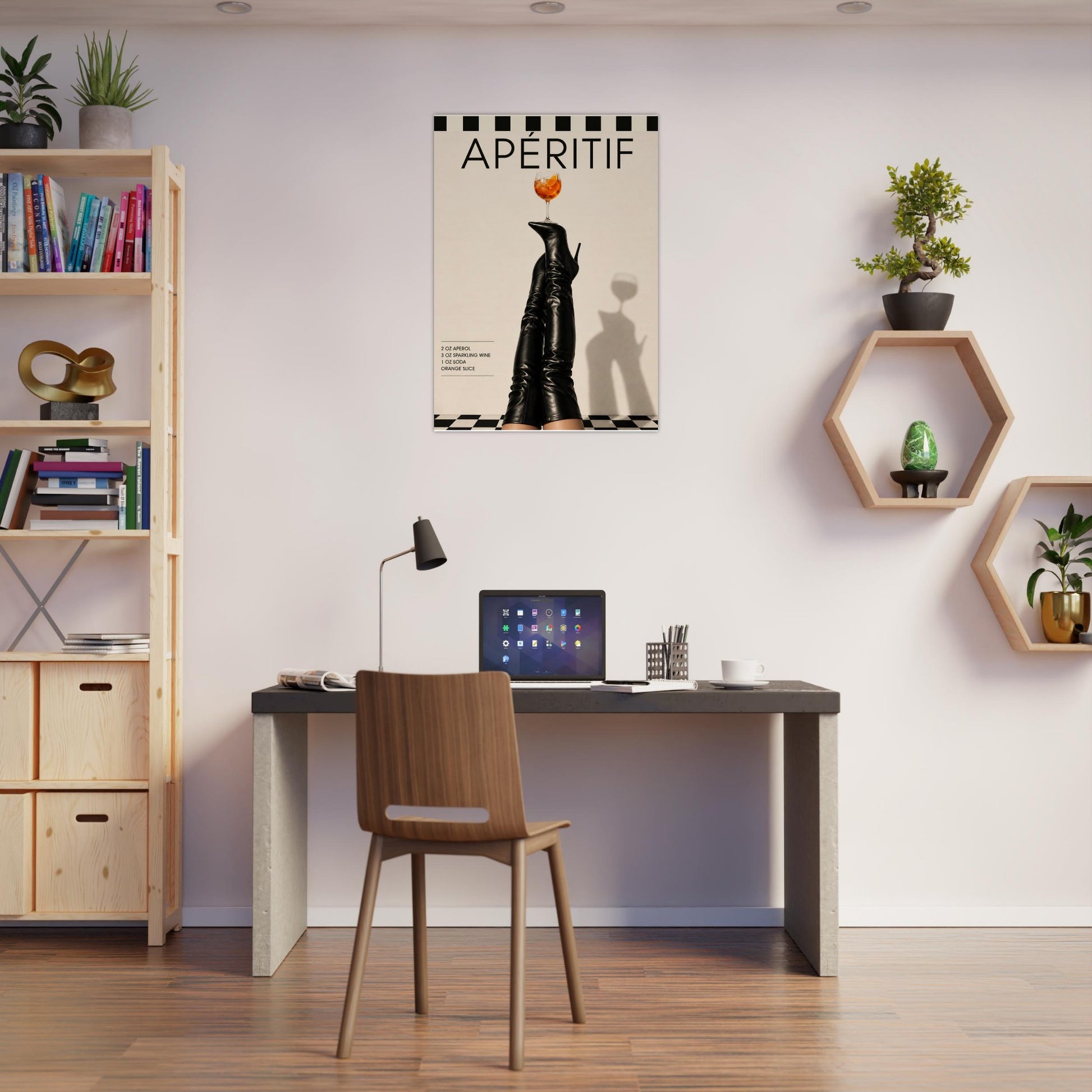 Editorial wall art featuring black boots and orange cocktail displayed in modern creative workspace