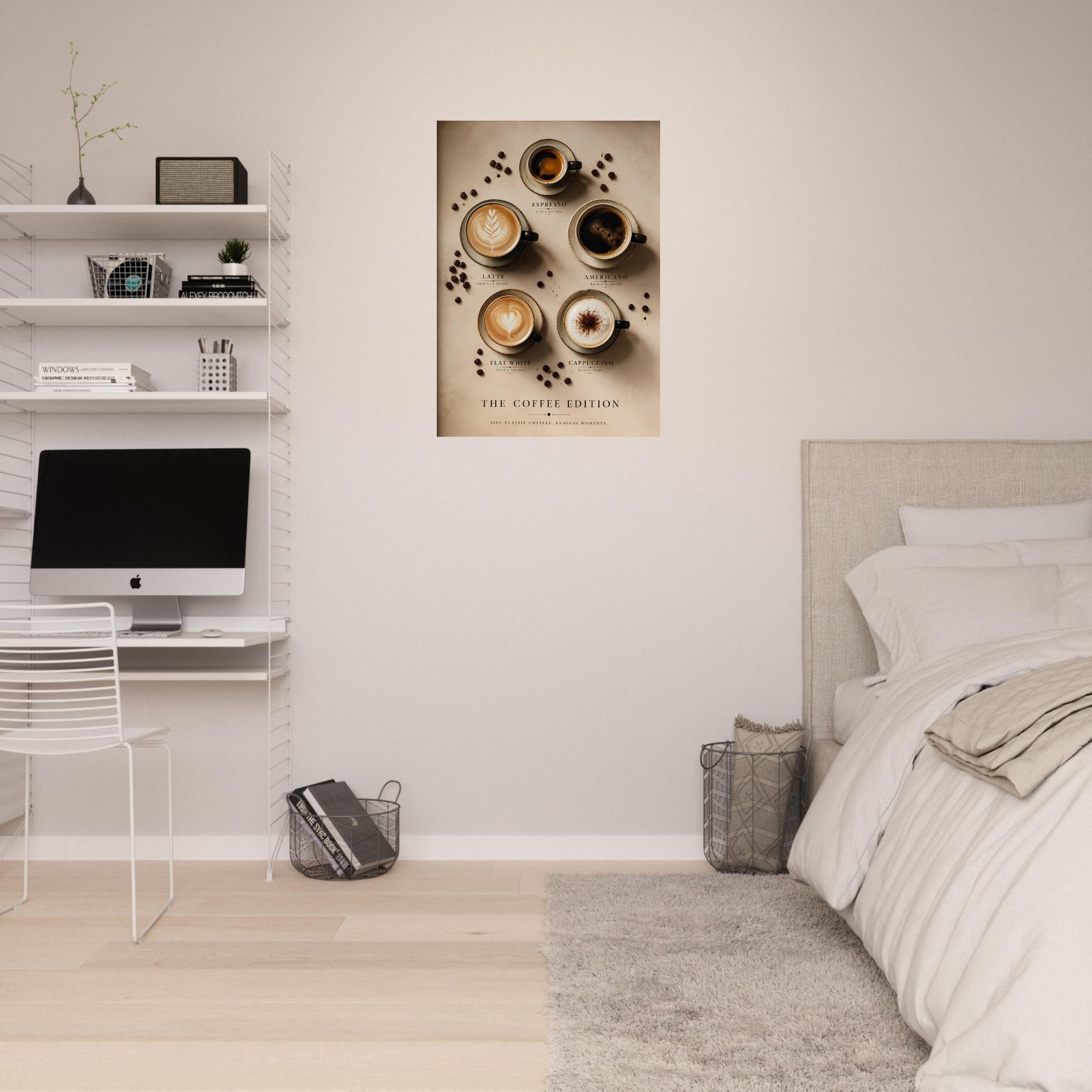 Modern bedroom with a desk, computer, and wall art of coffee cups.