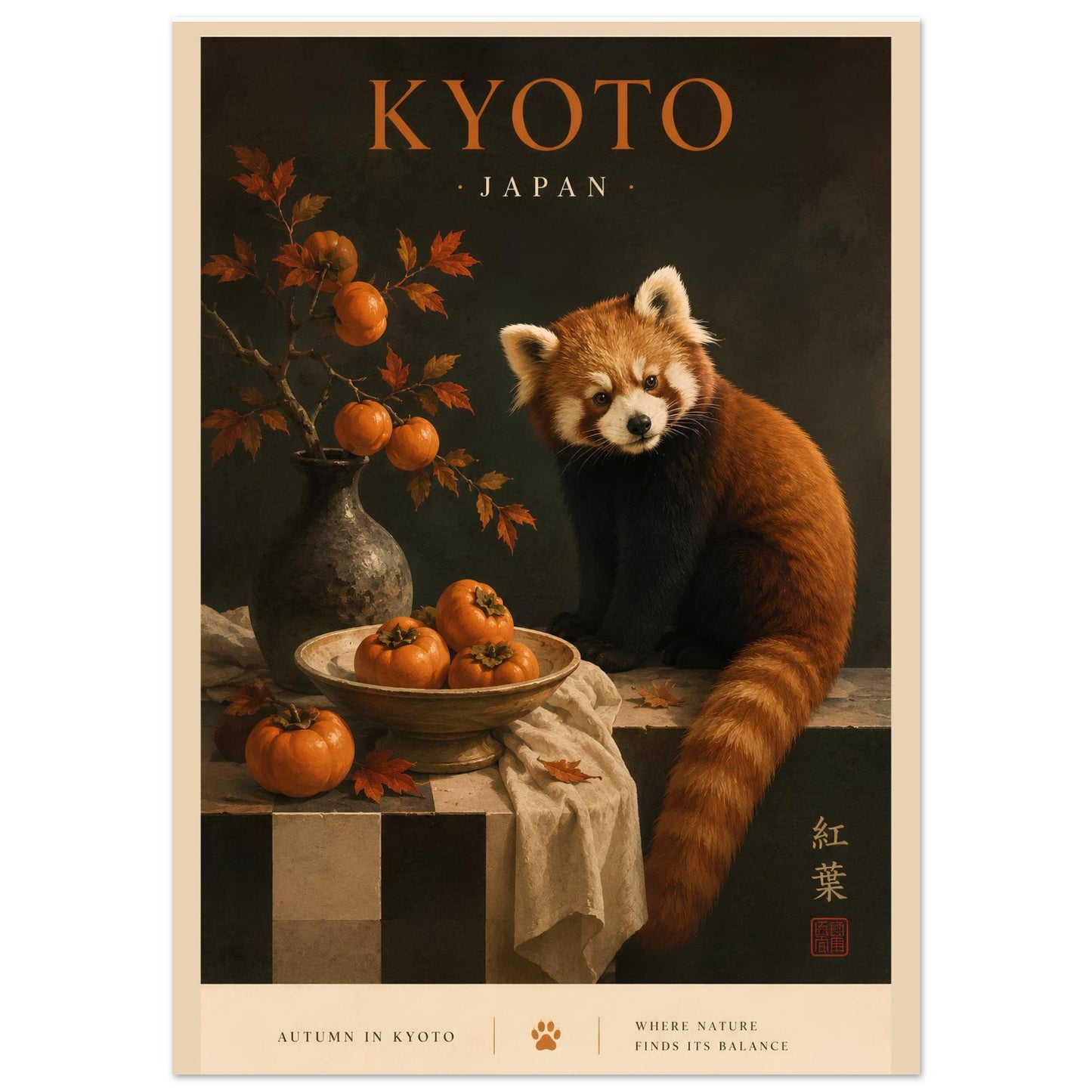 Poster of a red panda with autumn elements and 'Kyoto, Japan' text.