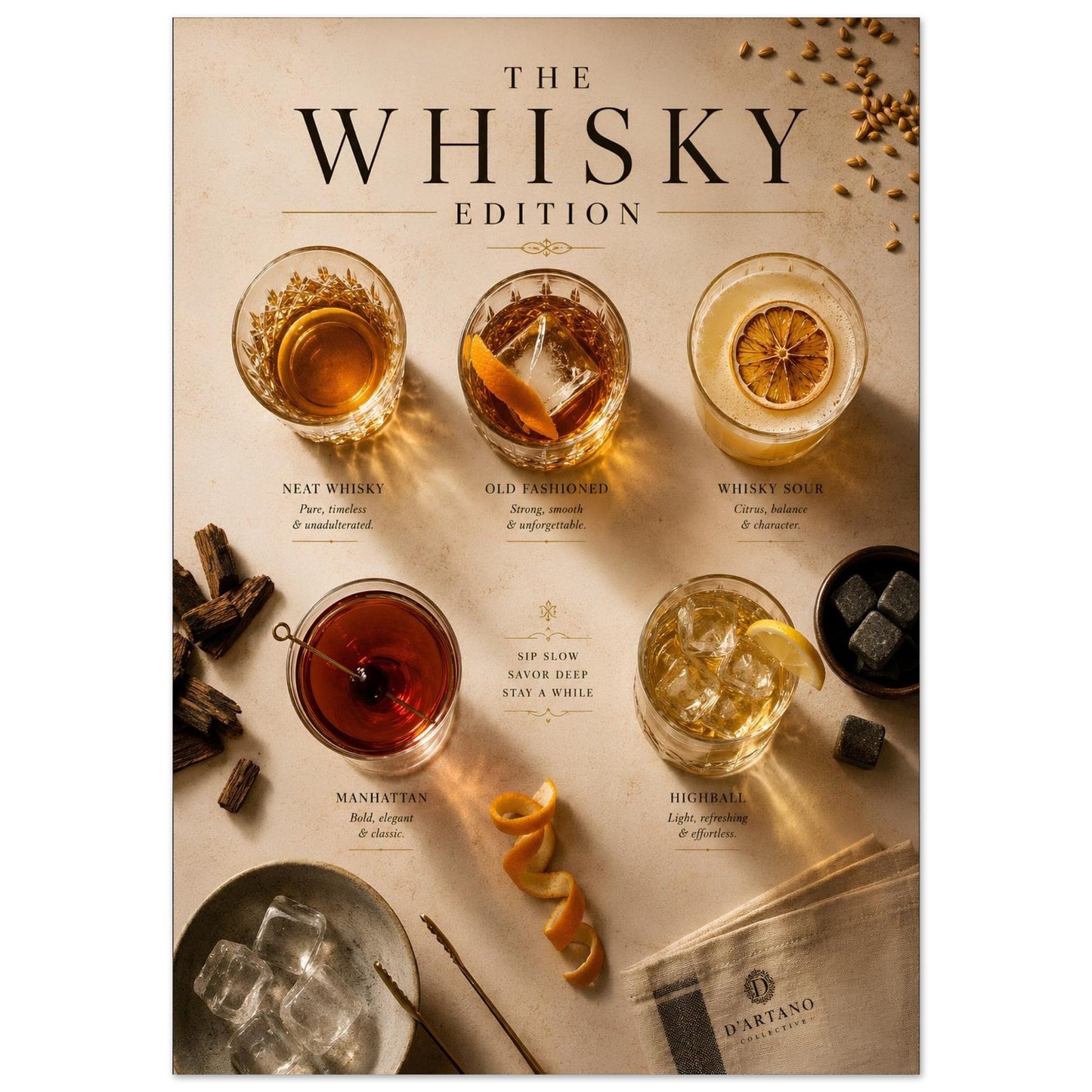 Whisky Edition Poster close-up featuring Neat Whisky, Old Fashioned, Whisky Sour, Manhattan and Highball in an editorial-style layout.