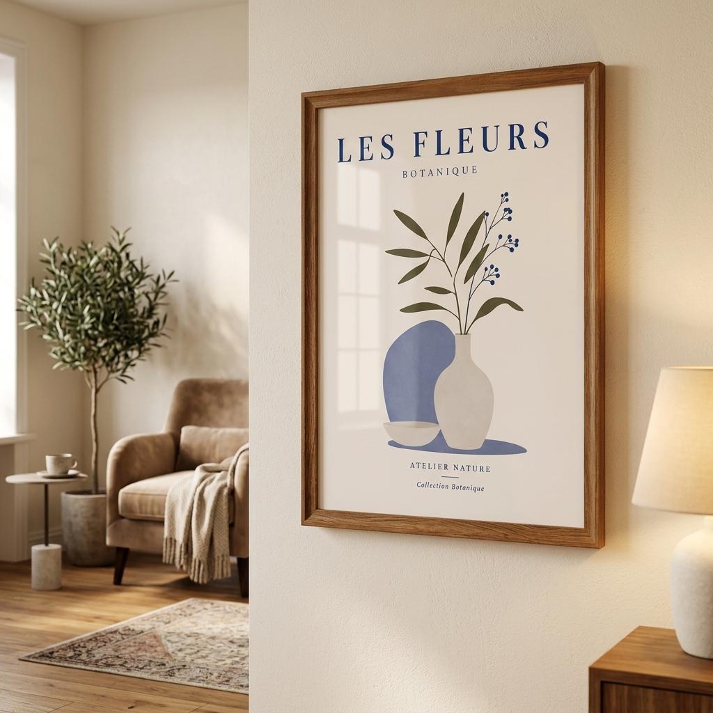 Framed Les Fleurs blue botanical wall art in warm Scandinavian style bedroom interior