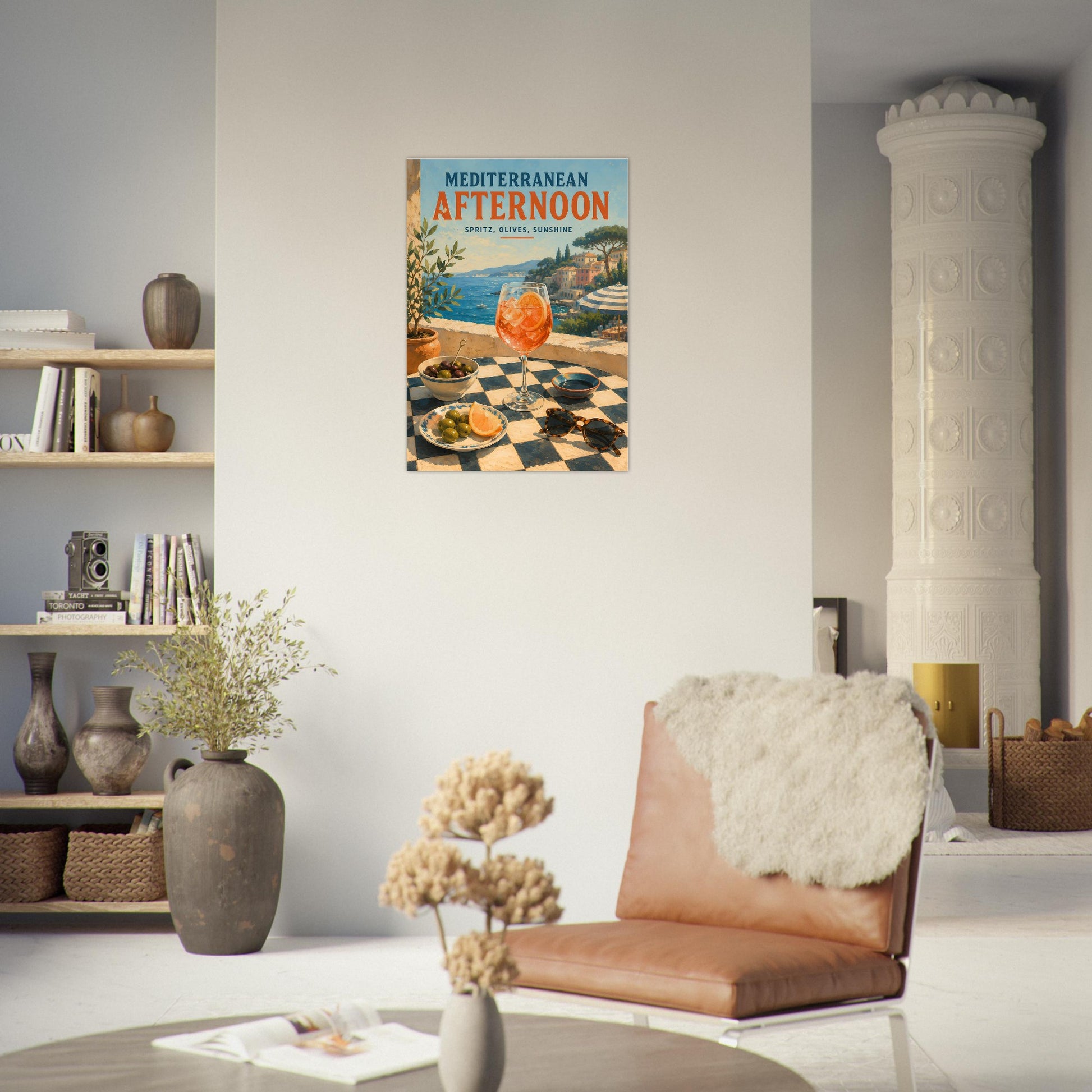 Coastal wall art featuring a Mediterranean terrace and seaside village displayed in a modern lounge