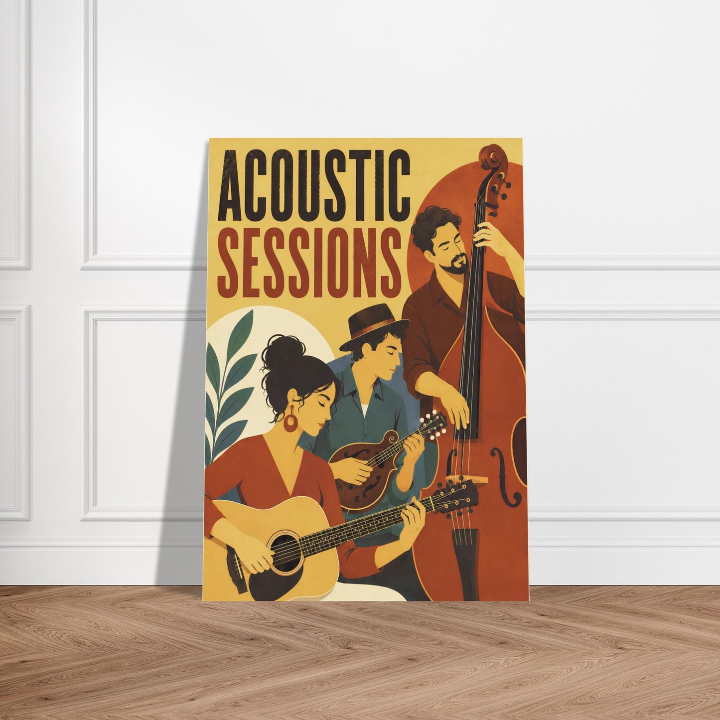 A vertical poster or canvas print leaning against a white paneled wall on a wood floor, featuring the words 'ACOUSTIC SESSIONS' above an illustrated group of three musicians playing acoustic instruments.