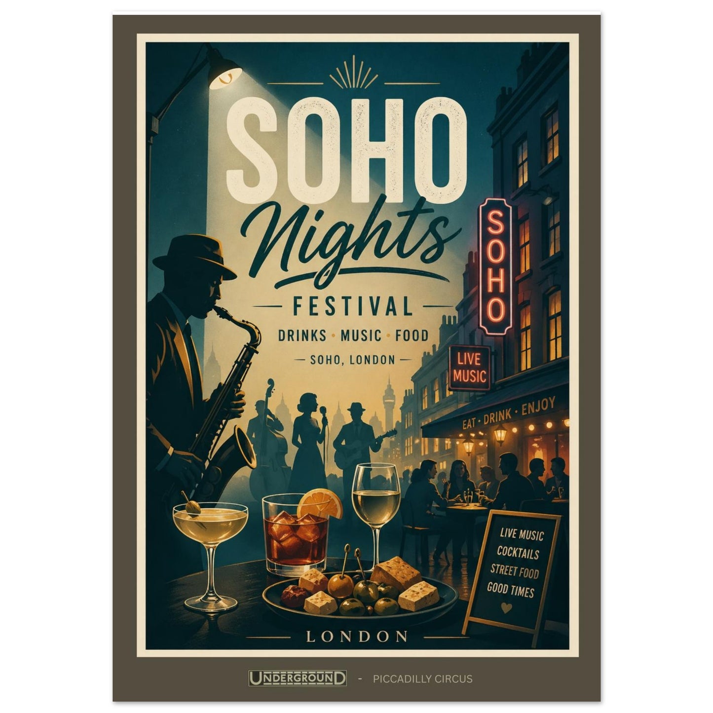 Poster for Soho Nights Festival with a saxophonist, drinks, and people in a city street setting.