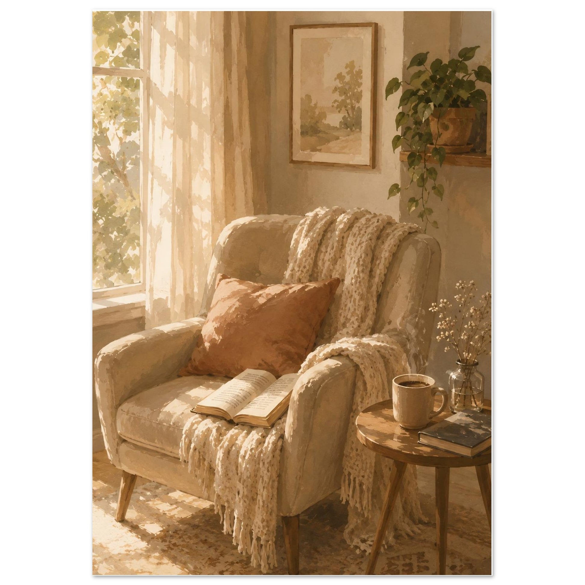 Cozy armchair and coffee watercolor poster styled in bright warm-toned reading corner interior