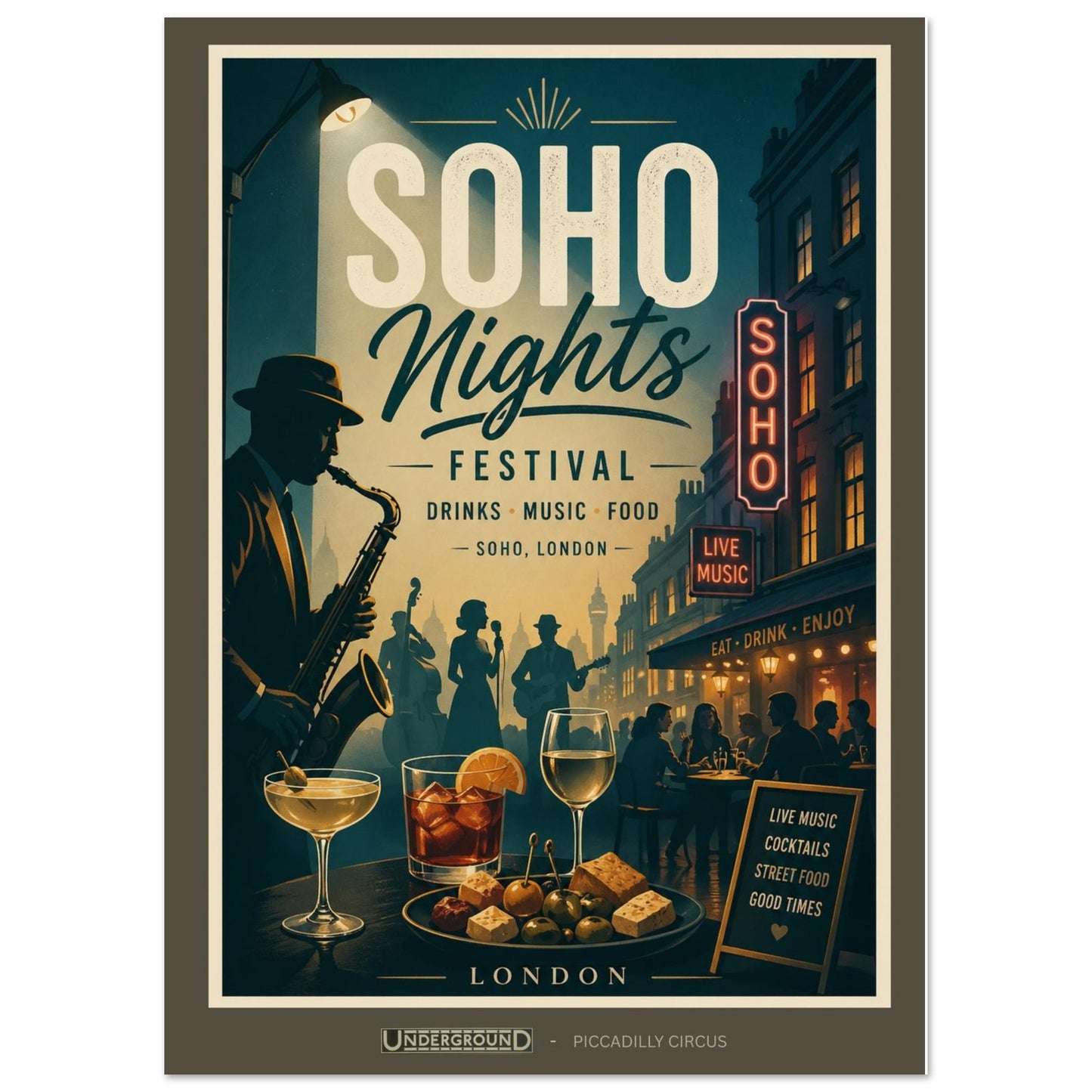 Poster for Soho Nights Festival with a saxophonist, drinks, and people in a city street setting.
