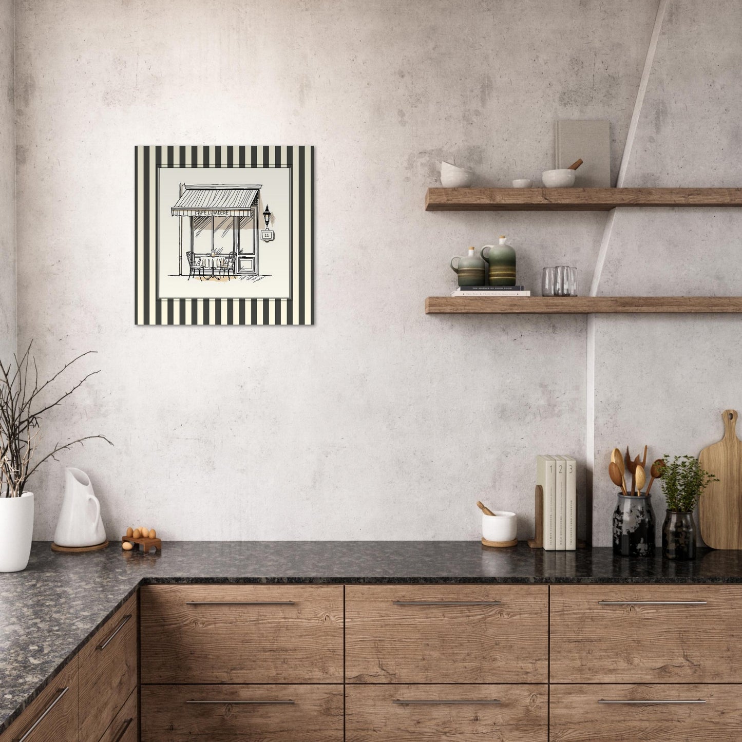 Café Lumière Paris print displayed in modern kitchen interior