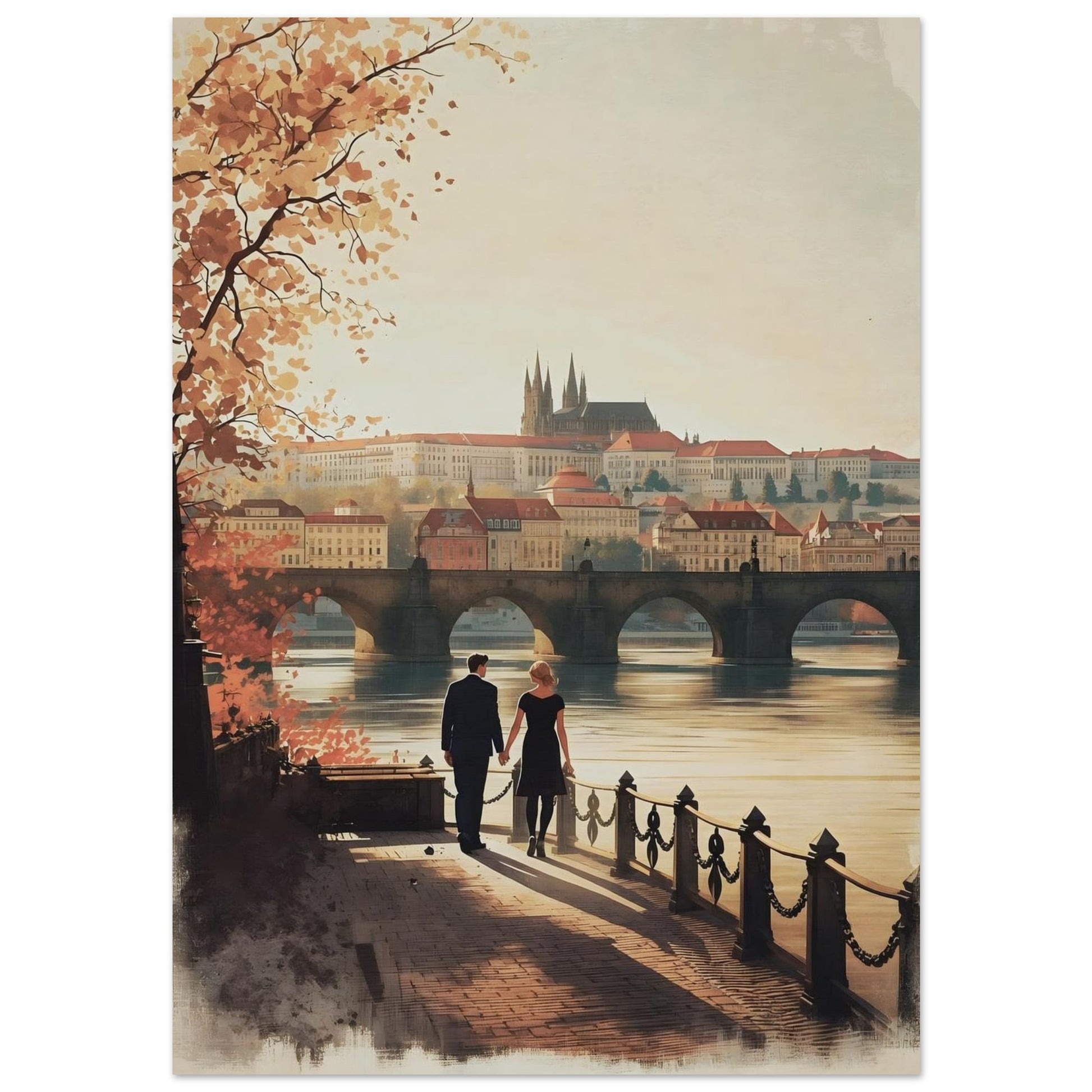 Romantic Prague poster with Charles Bridge and castle skyline at sunset