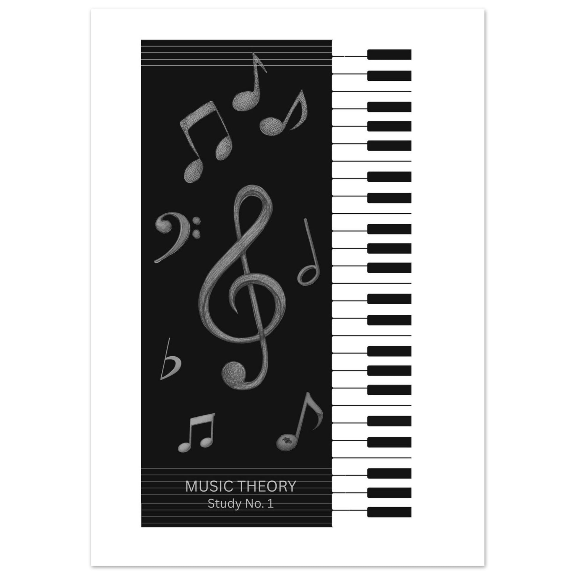 Music theory book cover with piano keyboard and musical notes on a black background