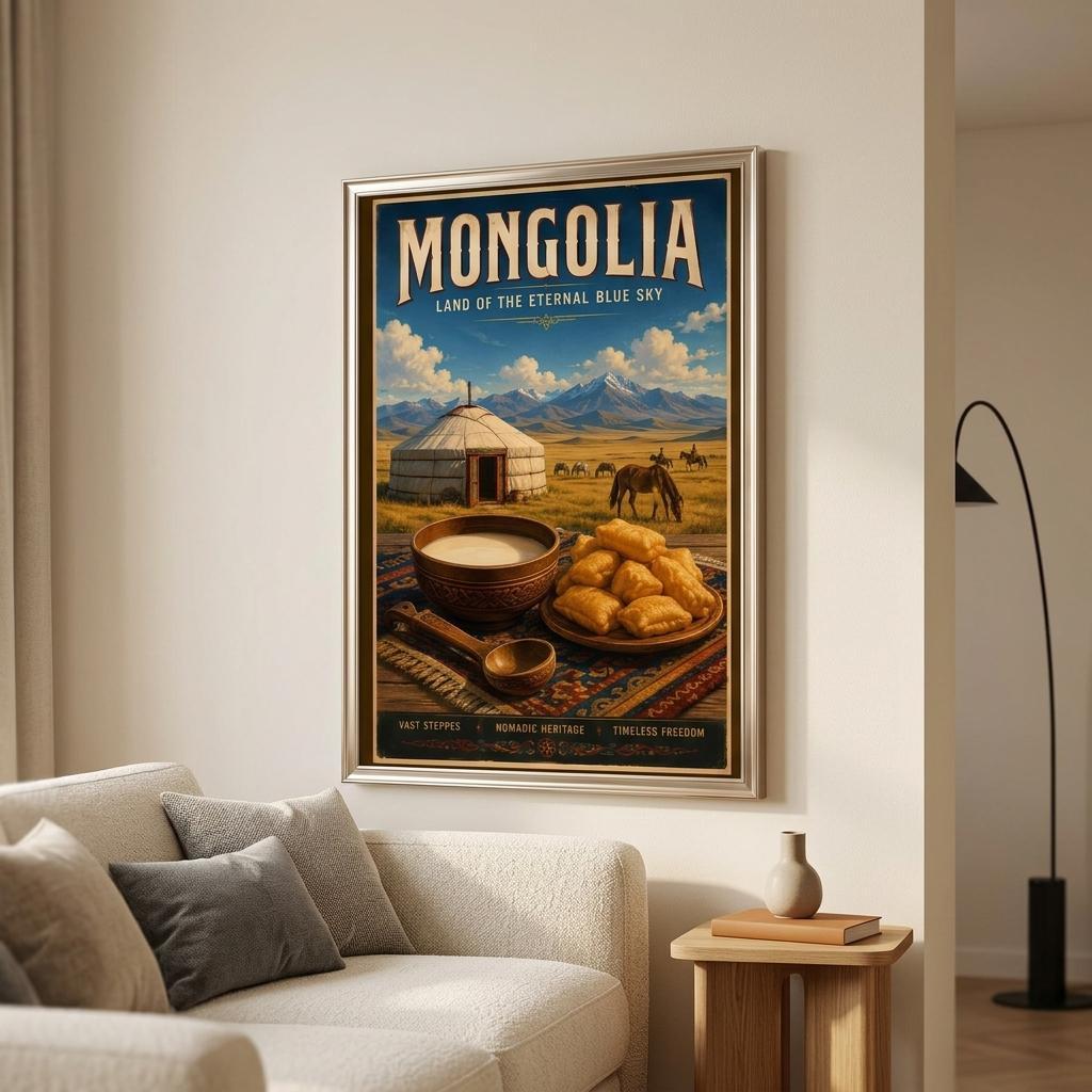 Vintage Mongolia travel poster displayed above a side table in a cosy living room with warm neutral décor.