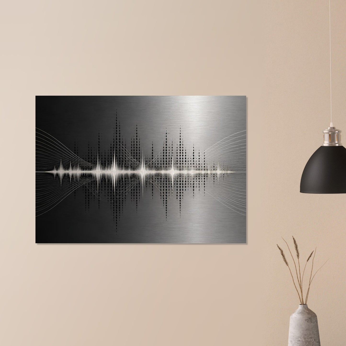 Abstract soundwave aluminium print displayed on a warm beige wall beside a simple vase and pendant light.