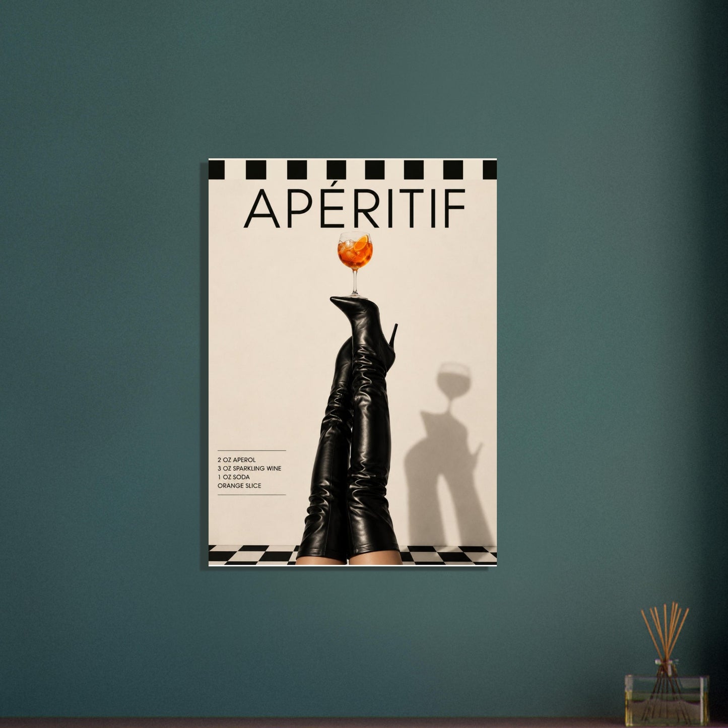 Minimalist aperitif wall art displayed on dark teal wall with modern gallery aesthetic