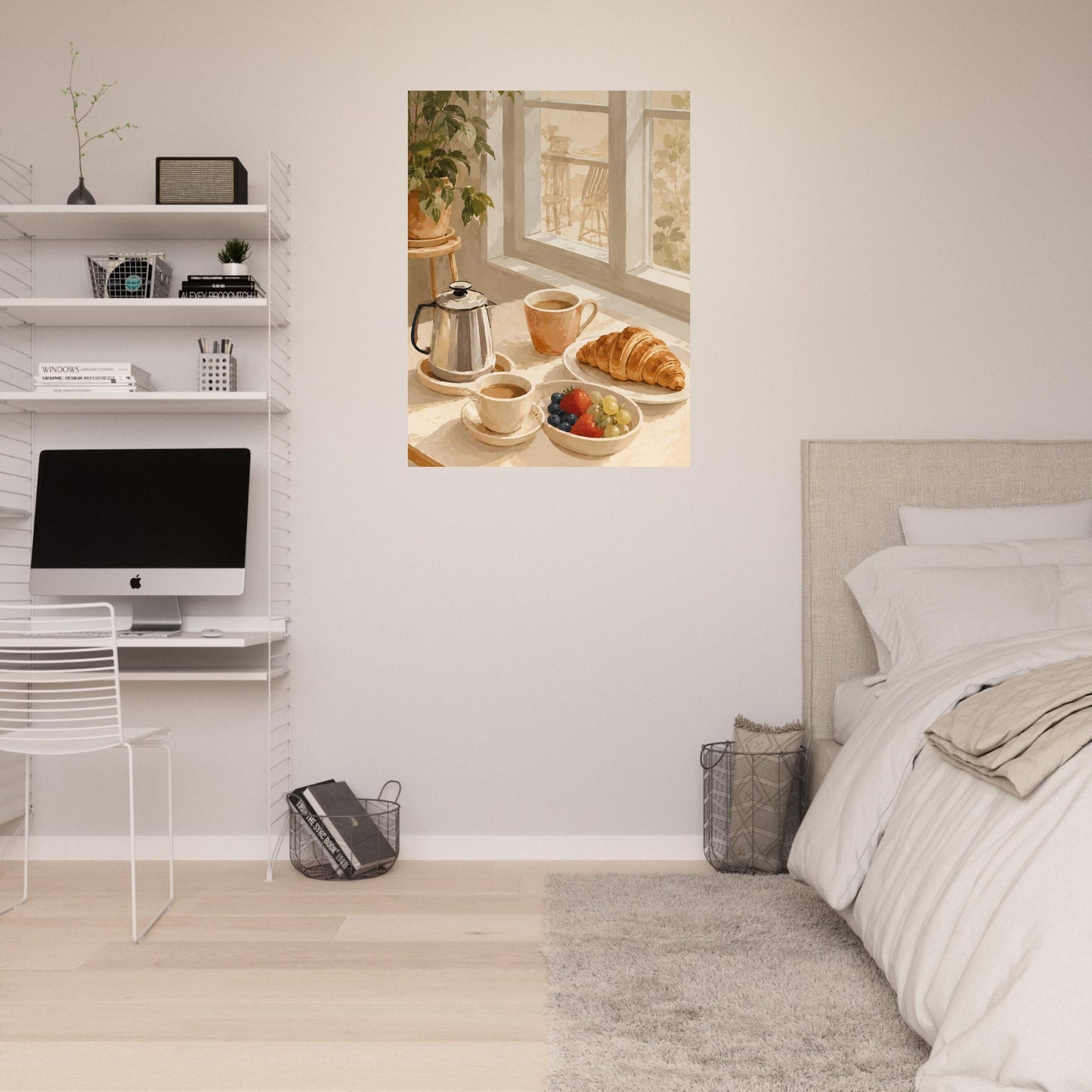 Modern bedroom with a desk, computer, and wall art of a breakfast scene.
