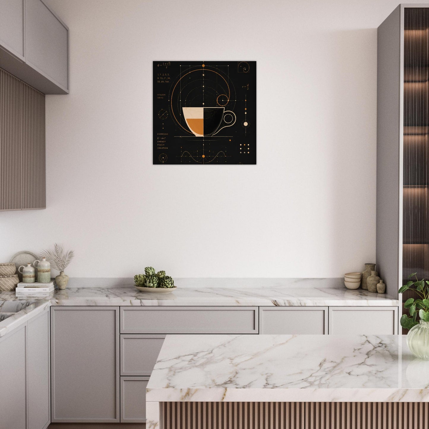 Geometric coffee poster hanging in a modern kitchen with clean minimalist styling.