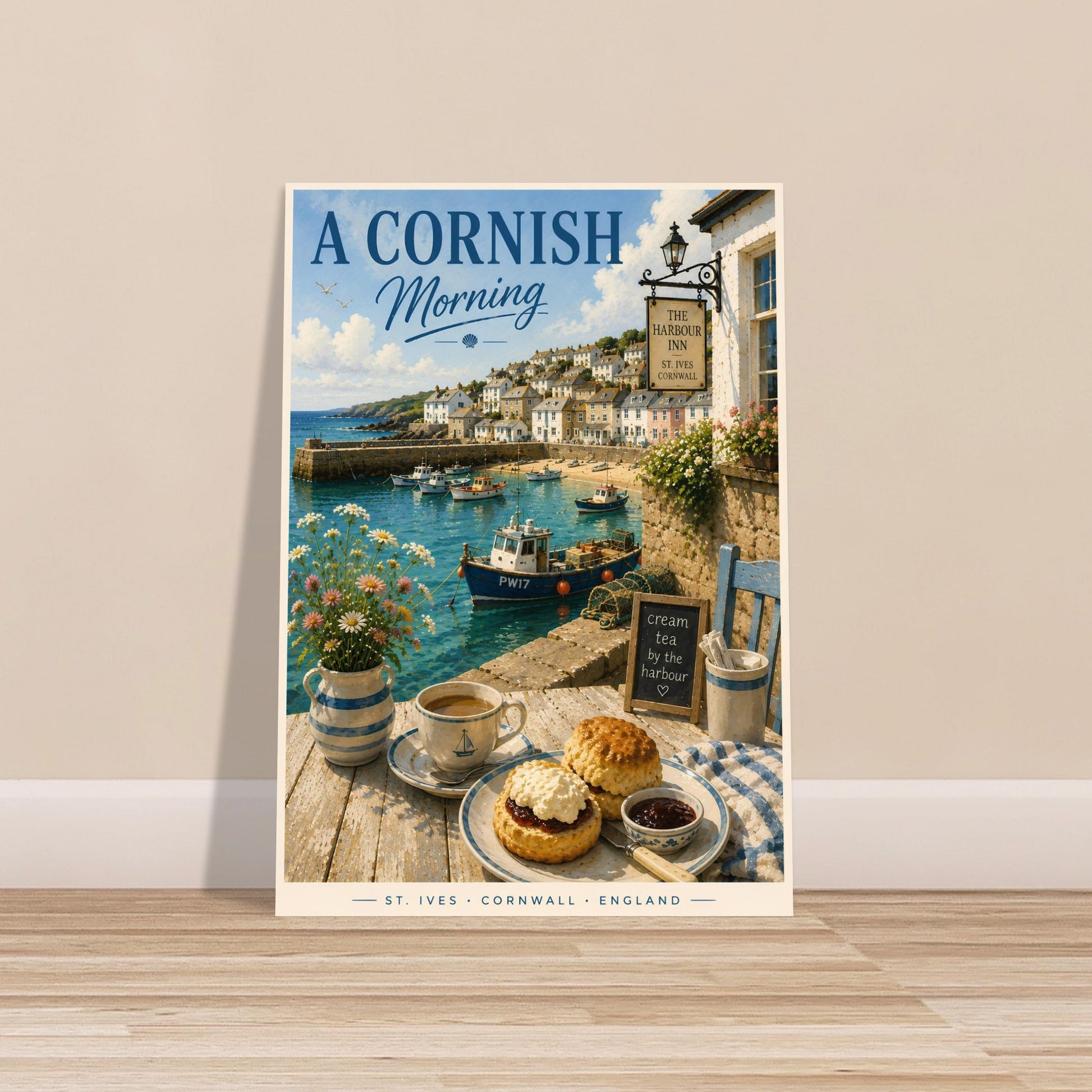 Poster of a Cornish morning scene with a coastal village and tea set on a table.