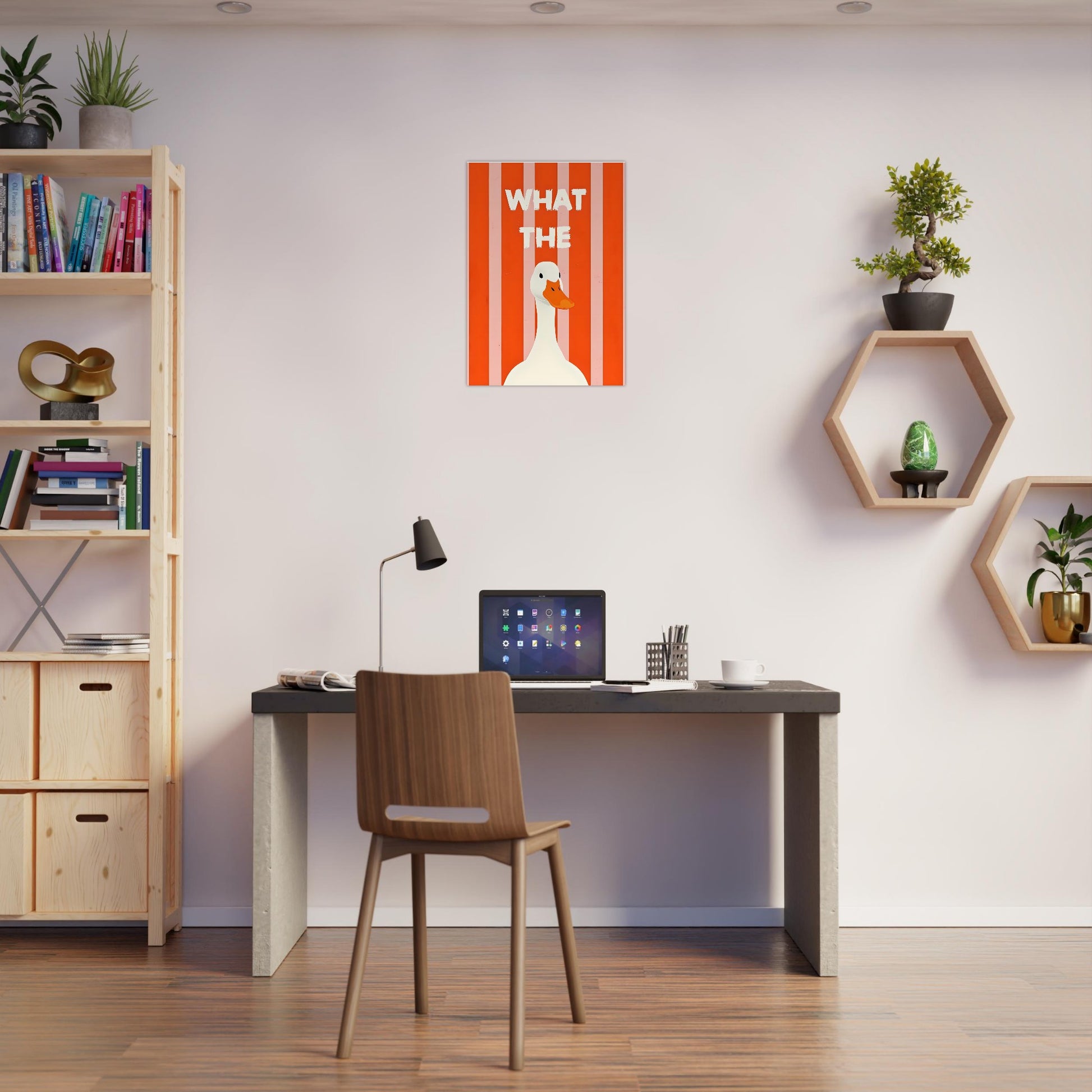 Modern home office with a desk, chair, and wall art.