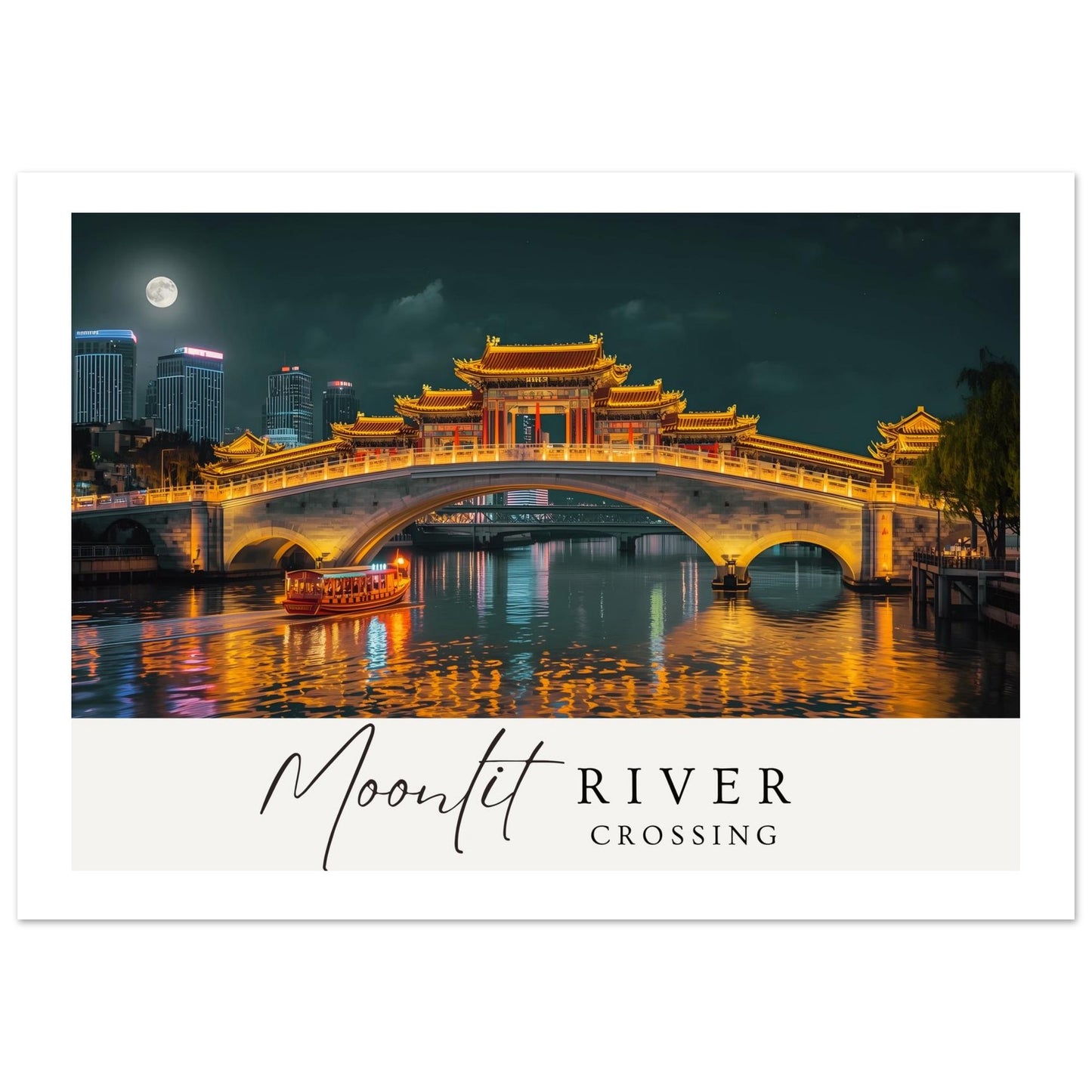 Decorative card with a bridge over a river at night, illuminated by lights, with 'Moontlit River Crossing' text.