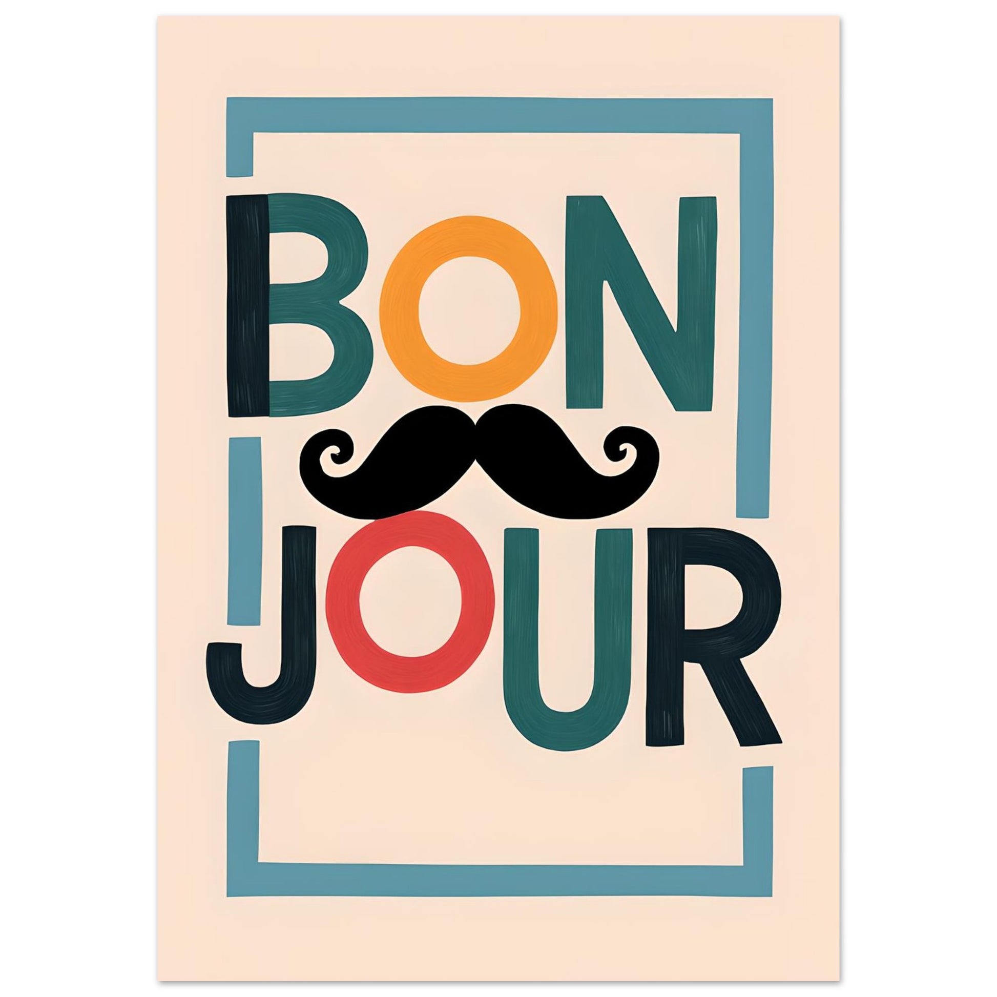 Poster with 'Bonjour' text in colorful letters on a beige background