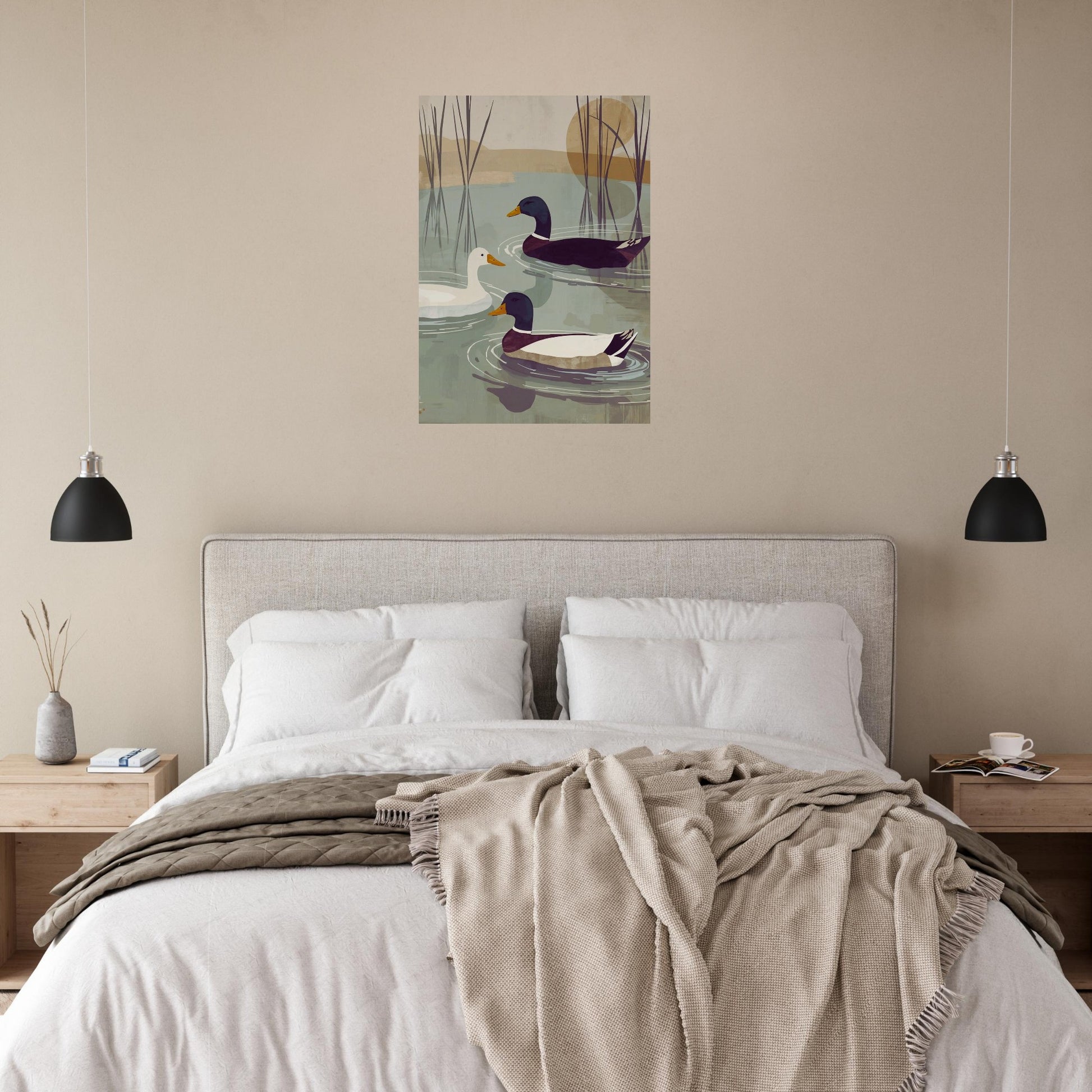 duck artwork in cosy bedroom setting displayed on a beige wall
