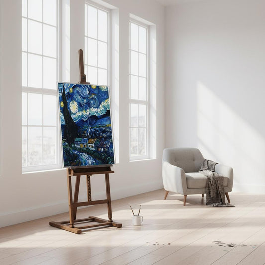Easel with a painting resembling 'The Starry Night' in a bright room with a chair.