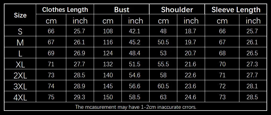 Measurement chart for clothes with dimensions in centimeters and inches.