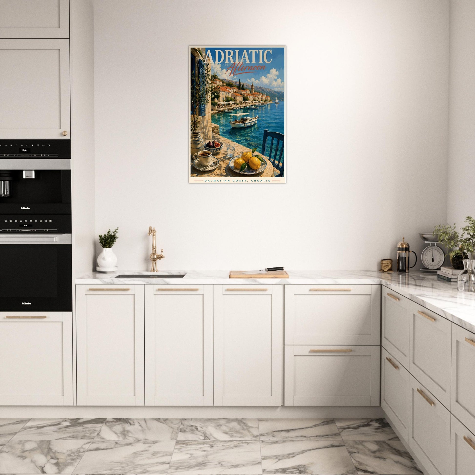 Dalmatian Coast wall art displayed in a bright white kitchen with coastal-inspired décor