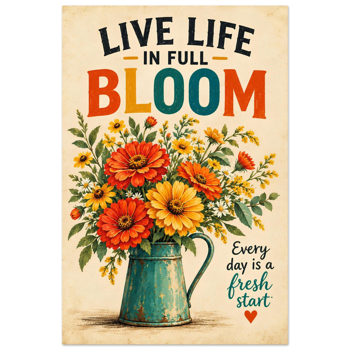 A decorative metal art print or poster with a vintage floral design. The artwork features a teal pitcher filled with orange, yellow, and red flowers on a textured beige background.