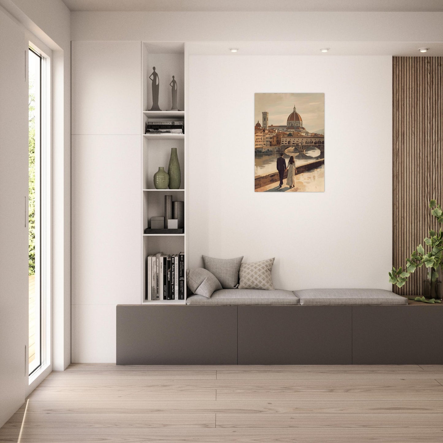 Romantic Florence wall art featuring a couple by the Arno River with the Duomo and Ponte Vecchio in warm vintage tones. Elegant Italian city decor.