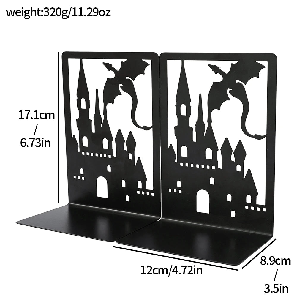 Black castle-themed bookends with measurements on a white background