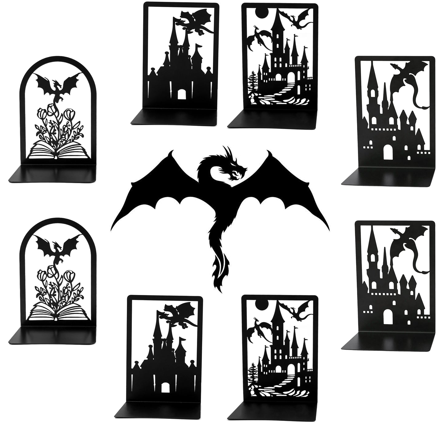 Set of black metal bookends with castle, dragon, and flower designs on a white background.