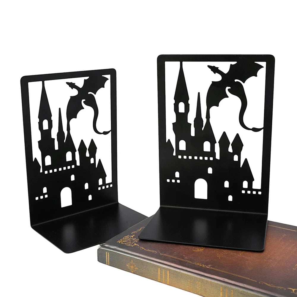 Black castle-themed bookends on a white background