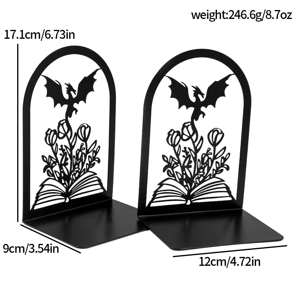 Black metal bookends with dragon and floral design, showing measurements and weight.