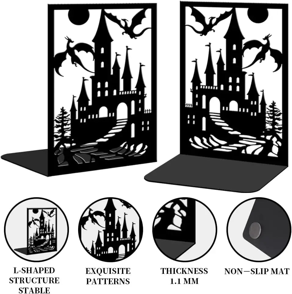 Halloween-themed black castle design with bats on a white background