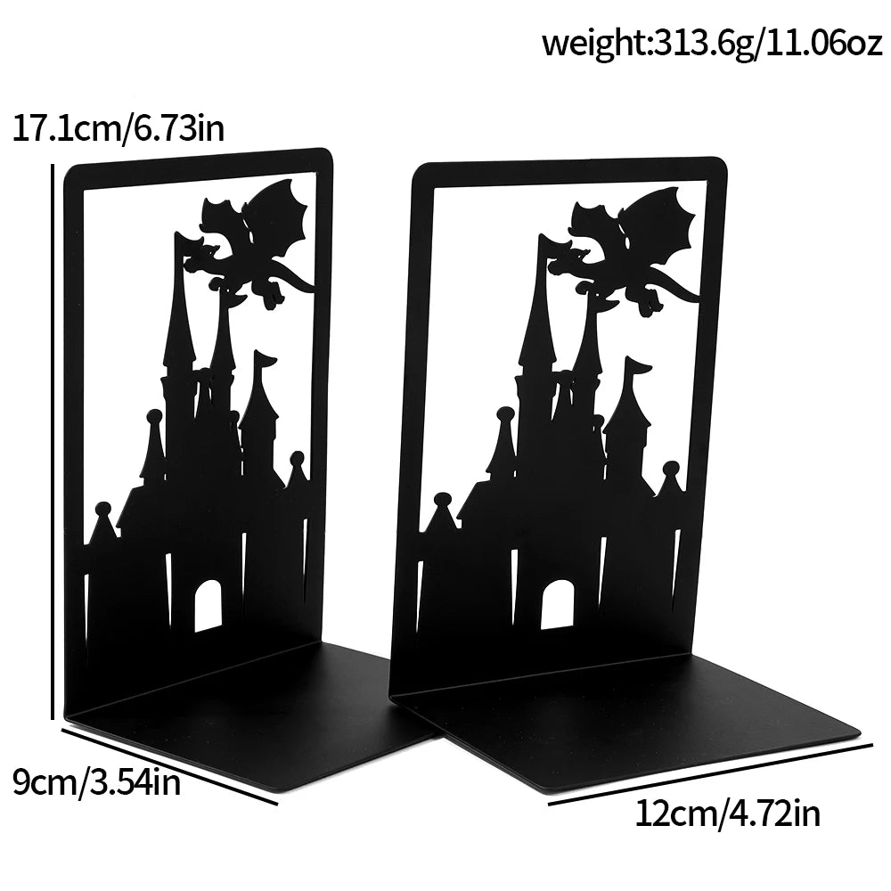 Black castle and dragon bookends with measurements and weight displayed.