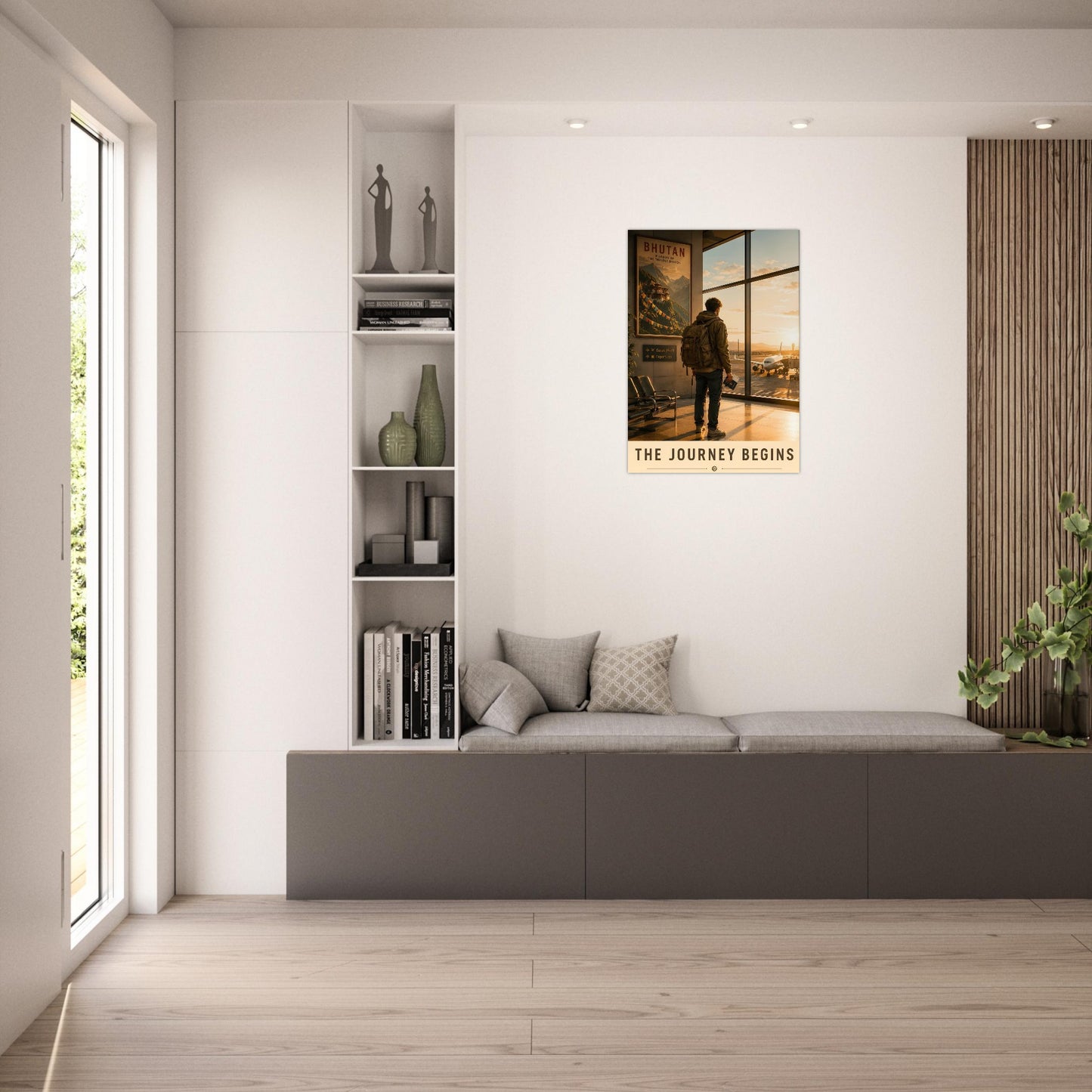 The Journey Begins contemporary travel wall art featuring a backpacker at an airport sunrise displayed in a modern interior.