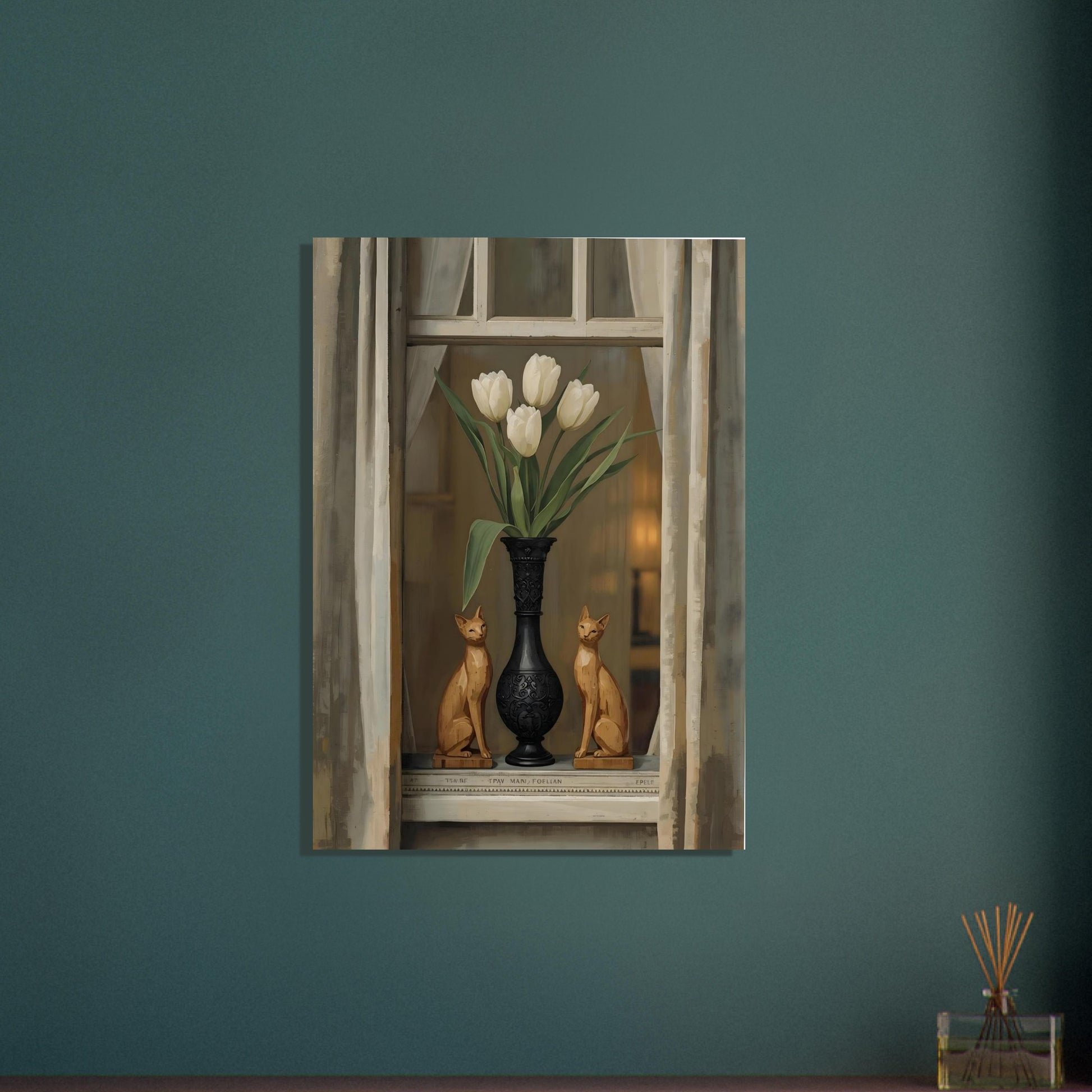 Framed artwork of two cats and a vase with tulips on a teal wall.