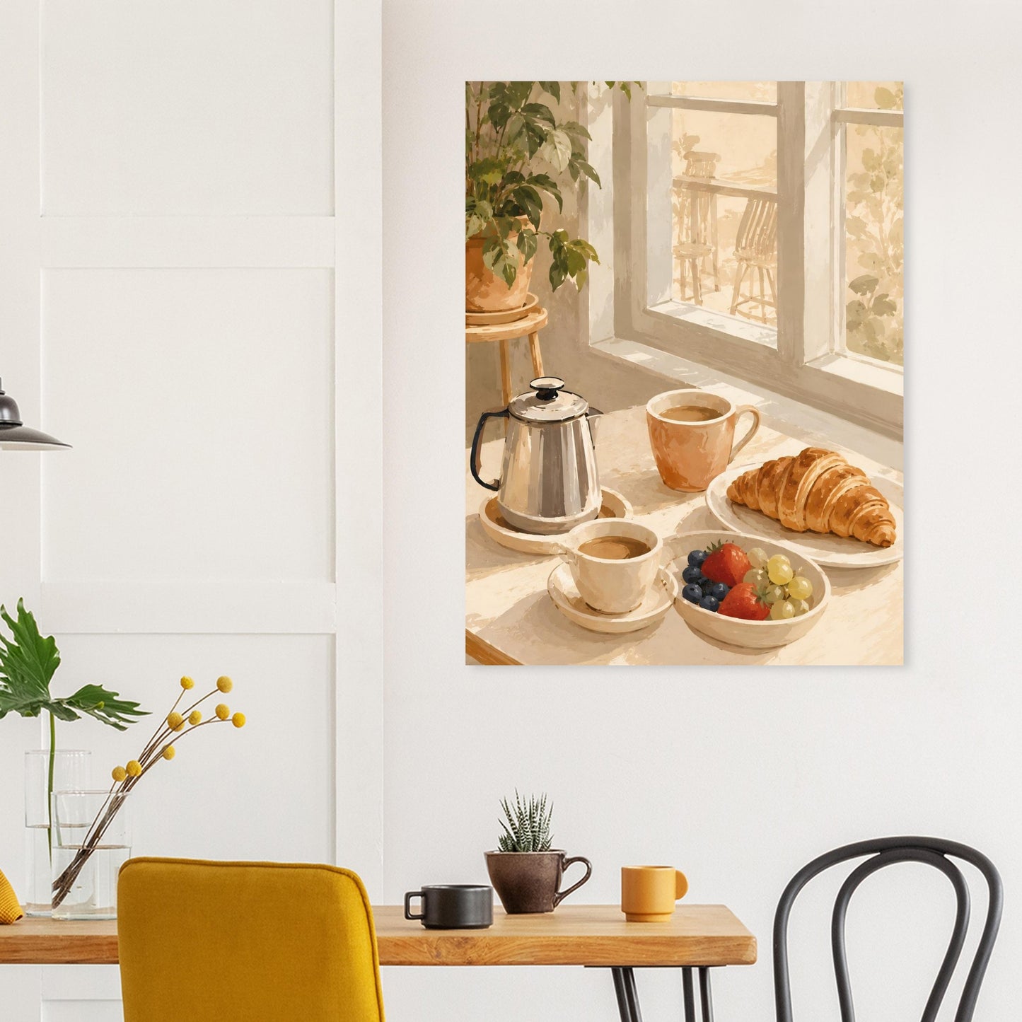 Breakfast coffee canvas print displayed in modern concrete kitchen with warm wood finishes