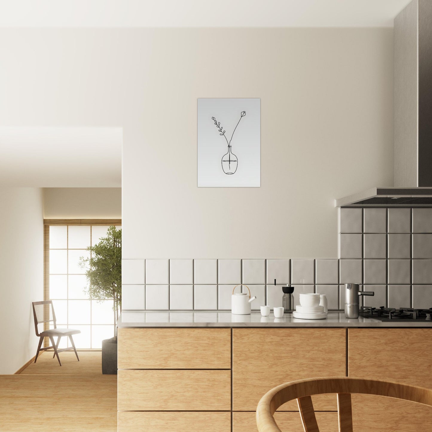 Modern kitchen with wooden cabinets, white tiled backsplash, and a small plant on the counter.