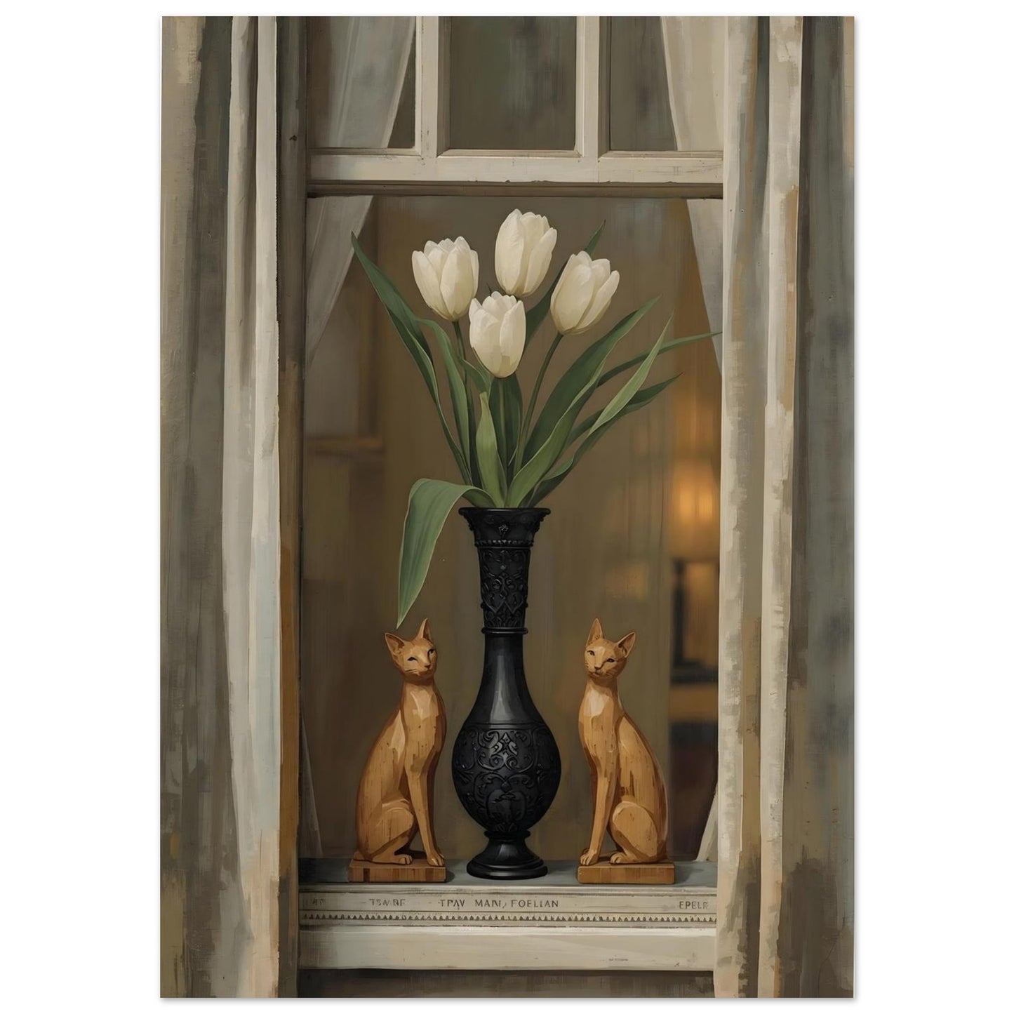 Decorative scene with a black vase holding white tulips, two wooden cat figurines, and a window frame.
