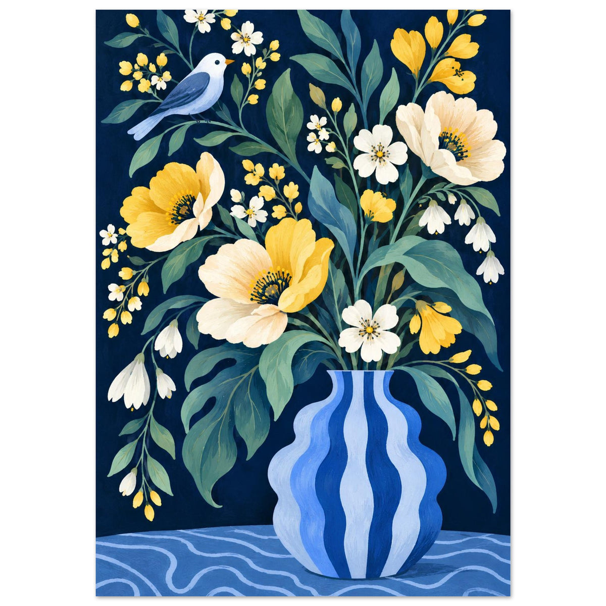 A vertical art print featuring a floral still life: yellow and white flowers with green leaves in a blue-and-white striped vase, plus a small blue bird on a dark navy background.