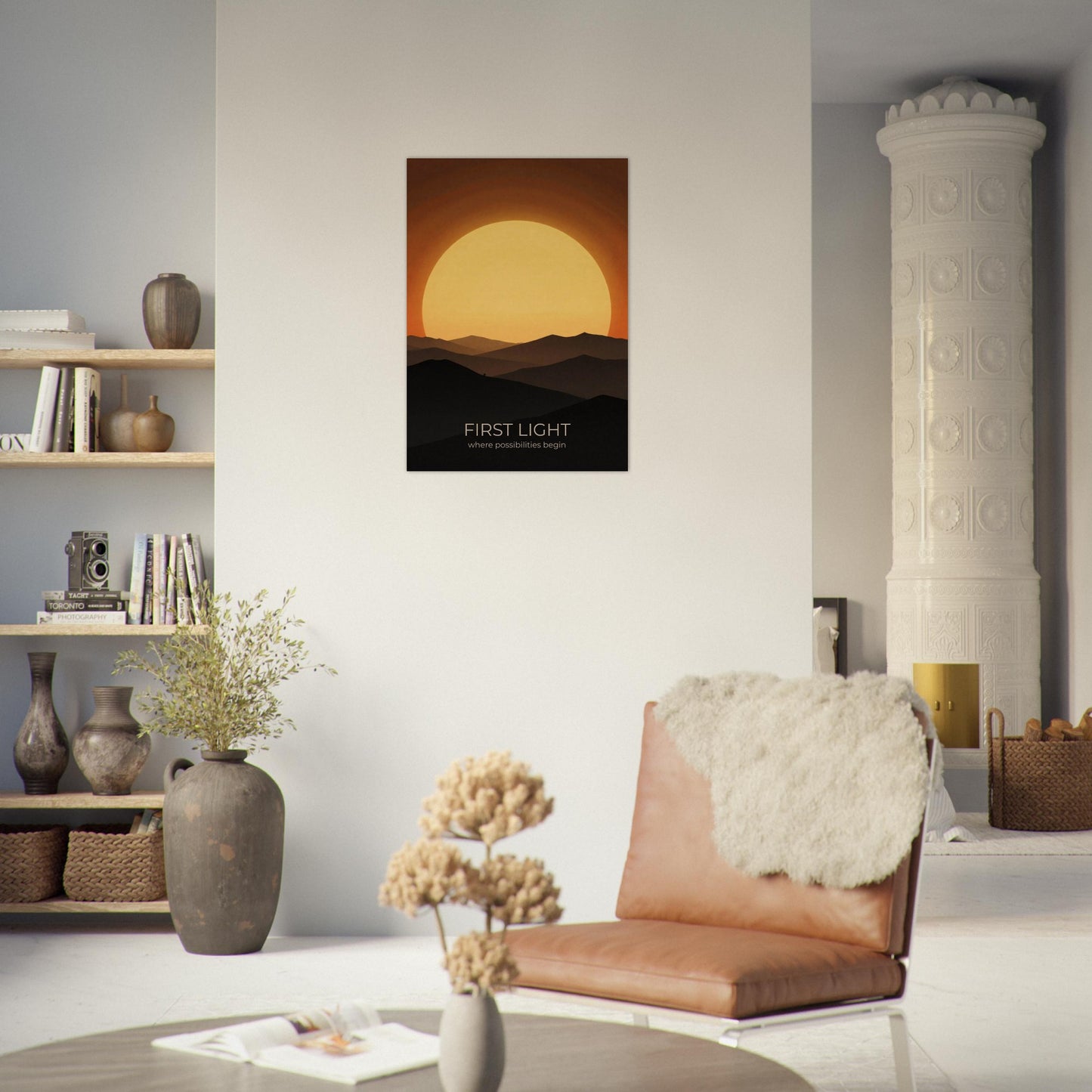 First Light poster hanging on a modern feature wall, featuring a large rising sun and atmospheric mountain landscape.