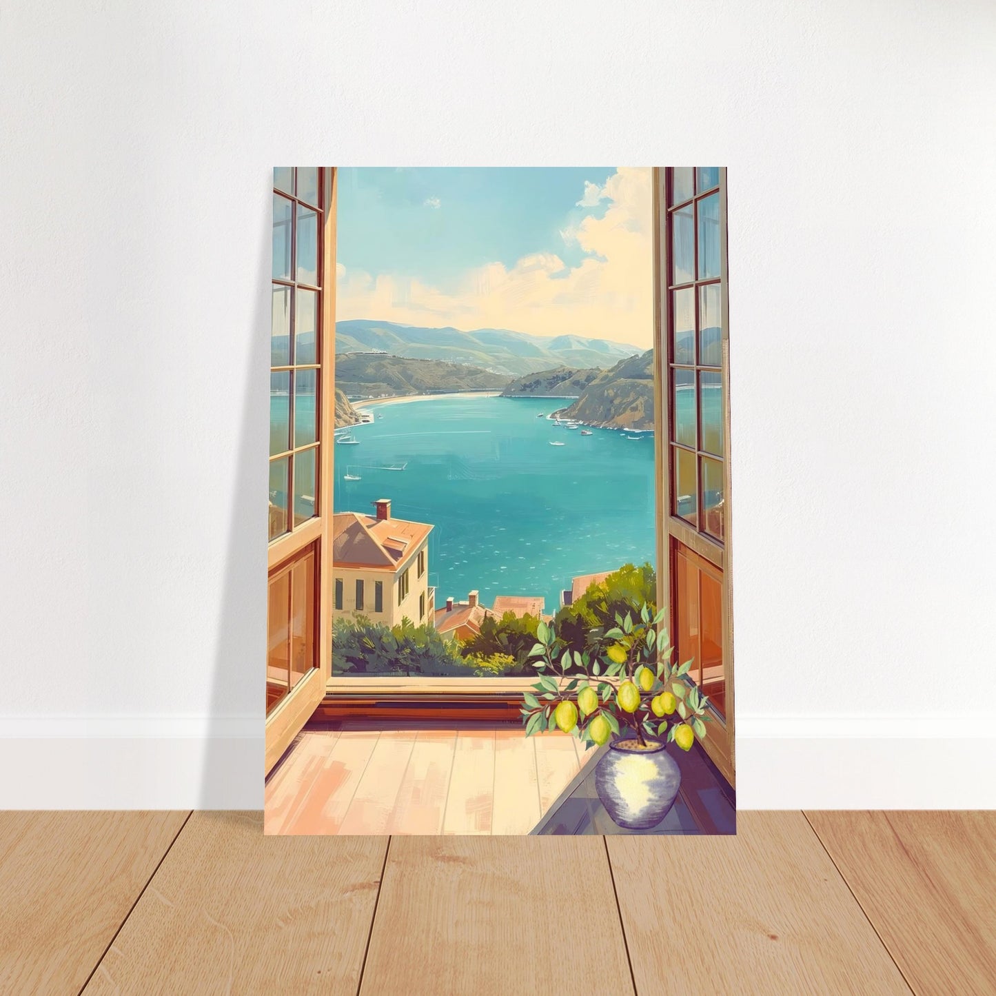 Art print of a coastal scene with open window view on a white wall.