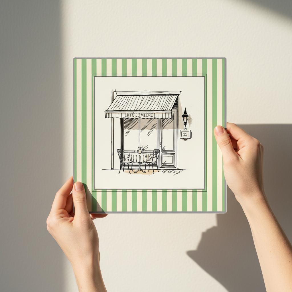 Hands holding square Paris café wall art print with black and cream striped border