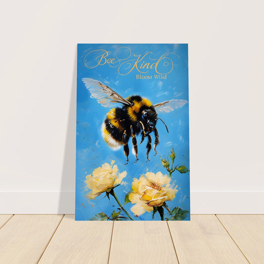 Colorful bumblebee flight poster featuring a bee mid-air among bright flowers â€“ nature-themed wall art print