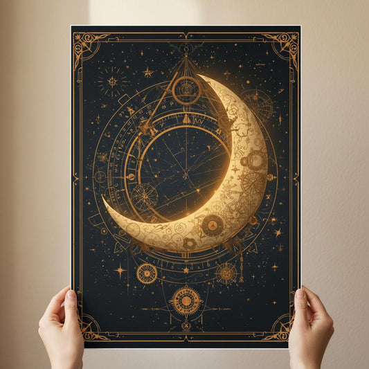 Decorative poster with celestial design held by hands against a beige wall.