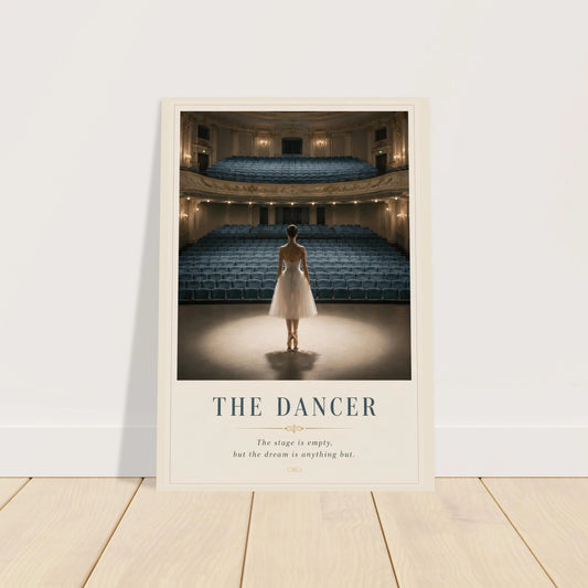 Framed poster of a dancer in an empty theater with text 'The Dancer' on a white wall.